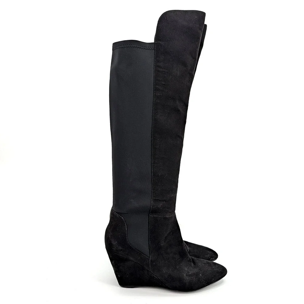 Charles David Womens Black Suede Stretch Over The Knee Wedge Boots 7.5